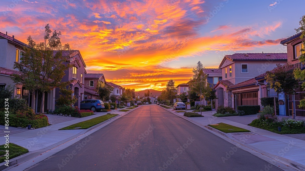 Suburban Street at Sunset with Colorful Sky Suburban Street at Sunset with Colorful Sky