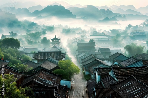 Enchanting Aerial View of an Ancient Chinese Village Nestled in Misty Mountains