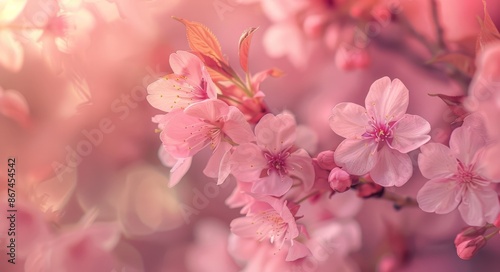  Bright Pink Cherry Blossoms in Full Bloom against a Soft Focus Background © Riya