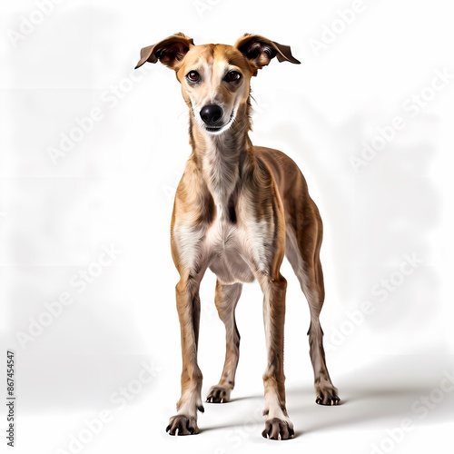Rampur greyhound dog breed standing against white background, AI generated photo