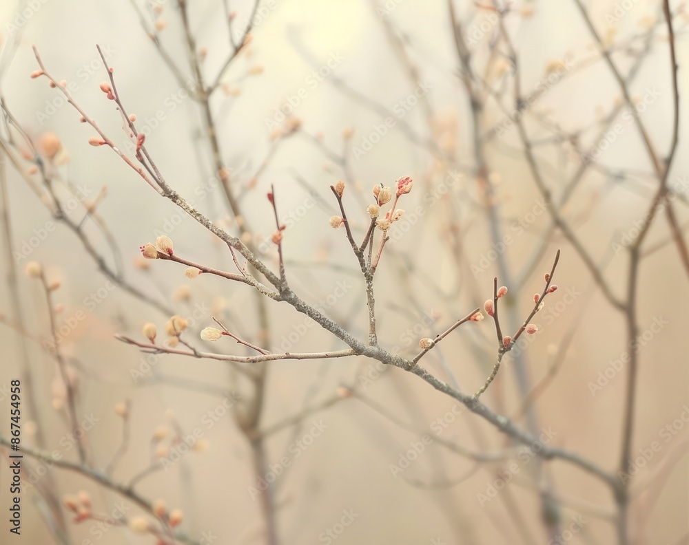 Seasonal Blossoms on Bare Branch, Soft-Focus Nature Photograph Seasonal Blossoms on Bare Branch, Soft-Focus Nature Photograph