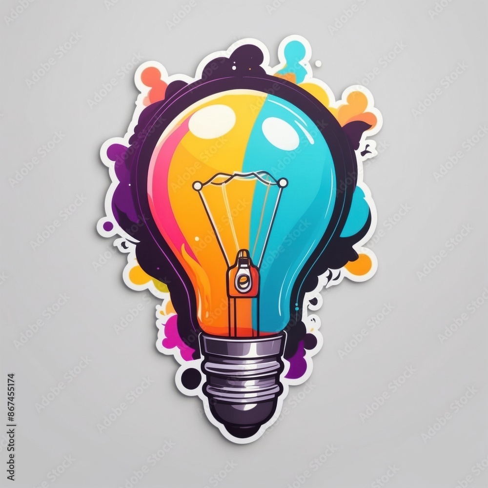 Sticker of a radiant lightbulb with dynamic colors. Perfect illustration for bright ideas. 3D cartoon style, isolated on a simple background.