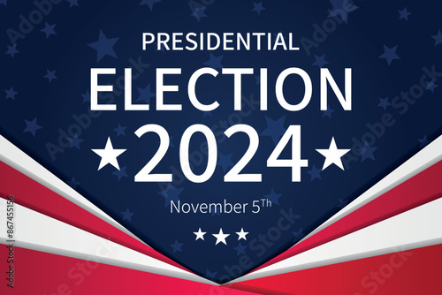 USA 2024 Presidential Election background with American flag colors design. Election event banner, card, poster, template, voting communication, background. Vote day, November 5. Vector illustration.