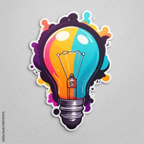 Obraz na płótnie Sticker of a radiant lightbulb with dynamic colors. Perfect illustration for bright ideas. 3D cartoon style, isolated on a simple background. w salonie
