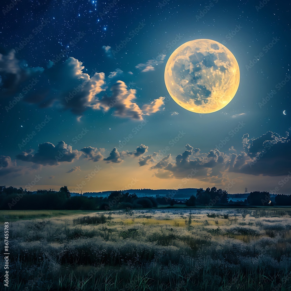 A beautiful landscape with a large moon in the night sky A beautiful landscape with a large moon in the night sky