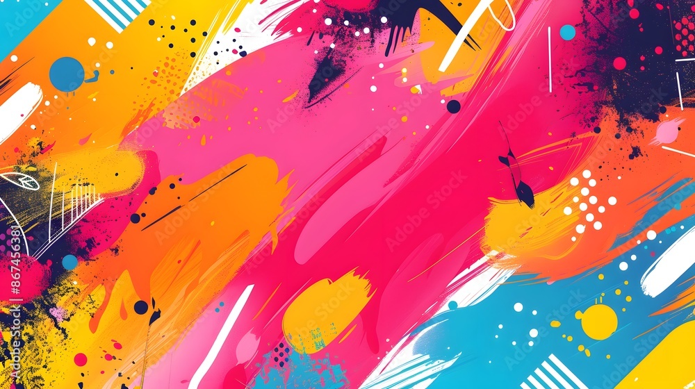 A vibrant, colorful background with dynamic splashes of paint and abstract patterns