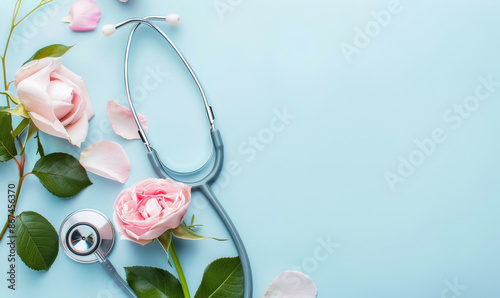 A stethoscope is placed on top of a bed of pink flowers