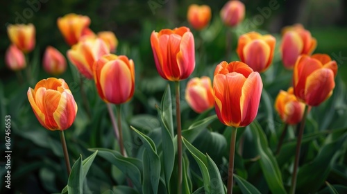 Vivid orange and yellow tulips blooming in spring garden