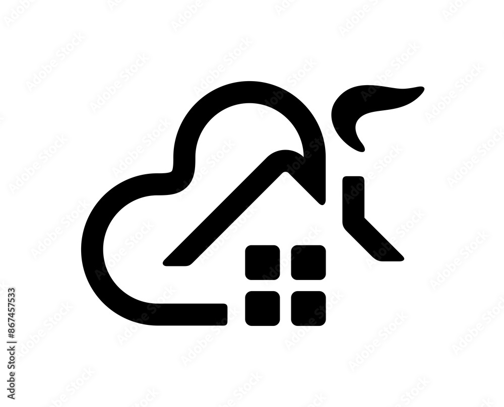 House roof with chimney and heart shape logo design. Skyscrapers and heart graphic design House roof with chimney and heart shape logo design. Skyscrapers and heart graphic design