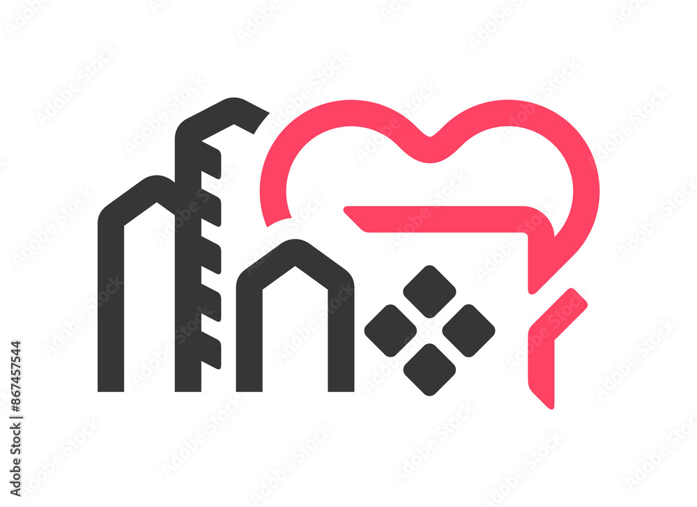 House roof with chimney and heart shape logo design. Skyscrapers and heart graphic design House roof with chimney and heart shape logo design. Skyscrapers and heart graphic design