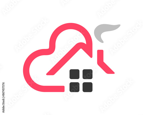 House roof with chimney and heart shape logo design. Skyscrapers and heart graphic design