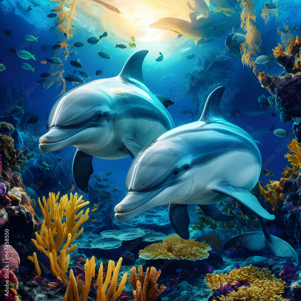 Obraz premium two dolphins swimming next to a coral reef with coral and sponges.