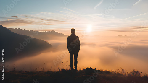 silhouette of a person in the sunset man standing on rock looking straight. Nature and beauty concept. Orange sundown. silhouette at sunset silhouette of a person in the sunny day