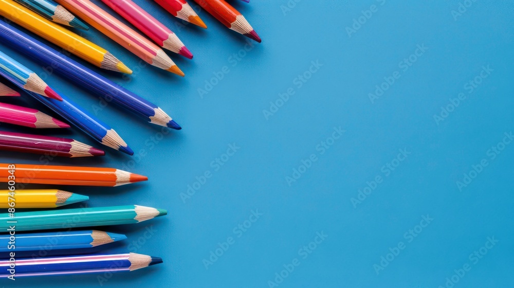 A copy space image for art school or back to school featuring color pencils laid out on a blue background. Generative AI A copy space image for art school or back to school featuring color pencils laid out on a blue background. Generative AI