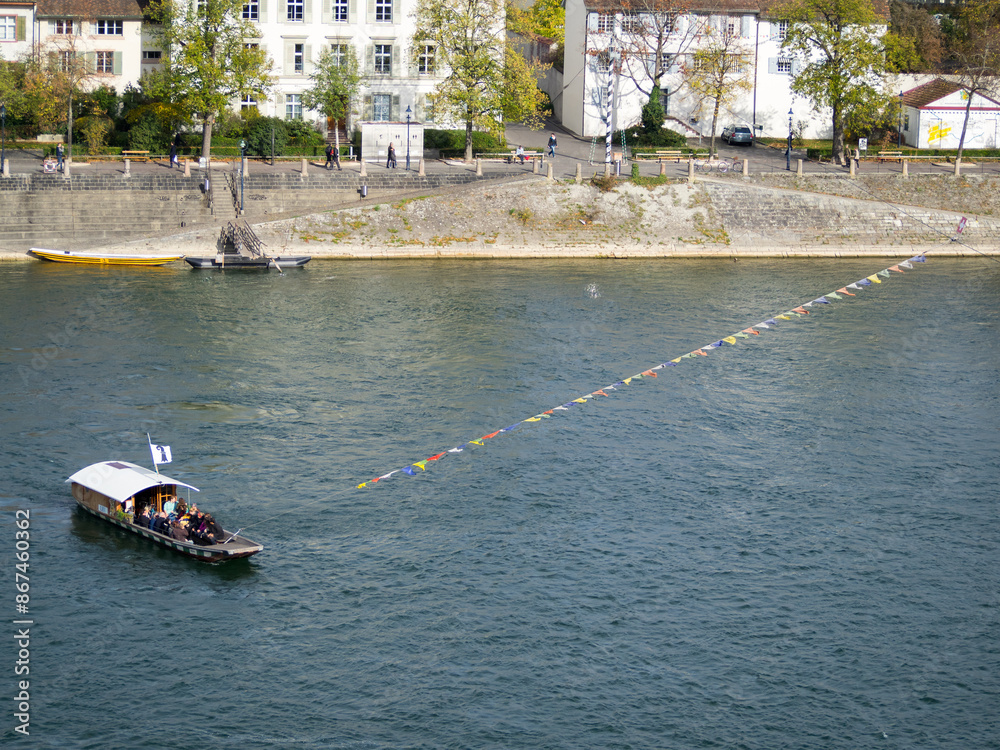 Crossing the Rhine river in Basel in the cable ferry