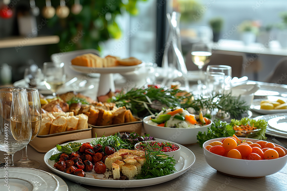 A set dining table full with food, fresh salads, fruits, and pastries, on white plates in a bright, modern dining room. celebratory meal or a high-end dining experience concept. Copy space