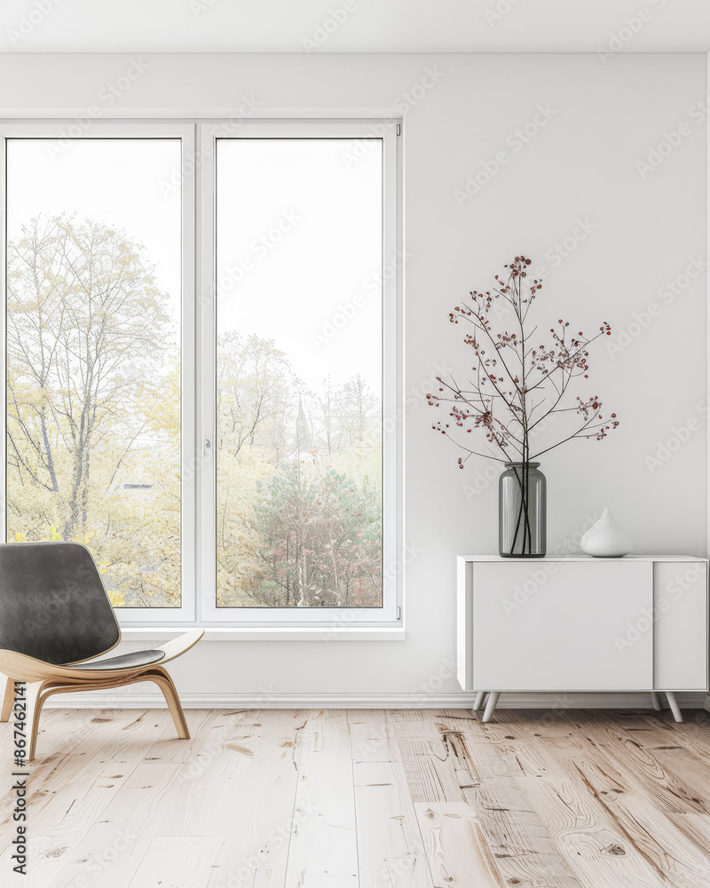 Property interiors composition with a big window providing natural lighting to a room with minimal furniture. Minimalist residential realty interiors.