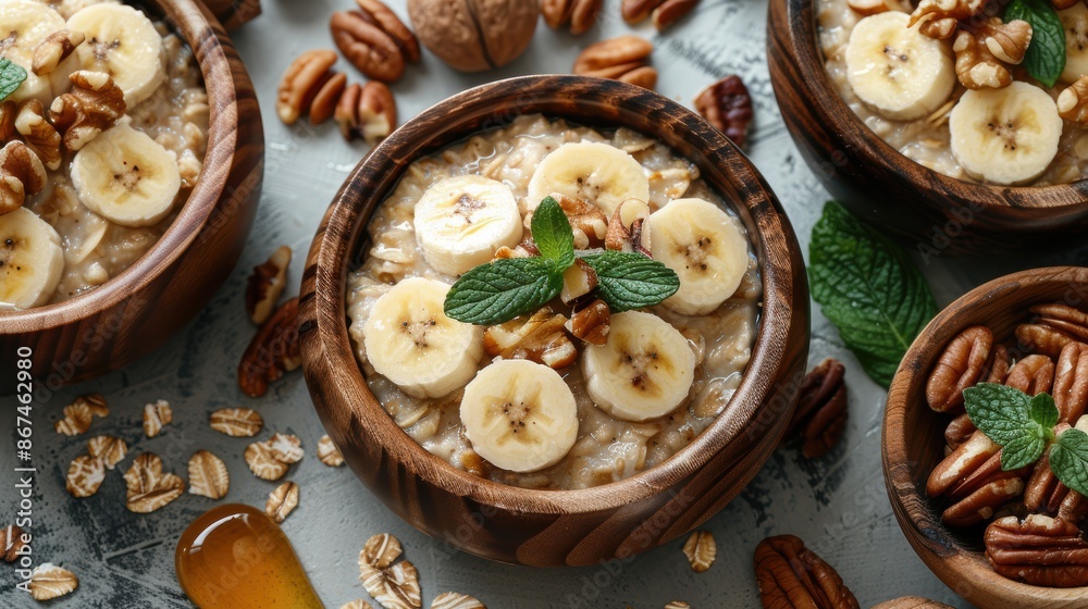 Healthy oatmeal bowl topped with banana slices, nuts, and honey in wooden bowls, garnished with fresh mint leaves. A nutritious breakfast choice. Healthy oatmeal bowl topped with banana slices, nuts, and honey in wooden bowls, garnished with fresh mint leaves. A nutritious breakfast choice.