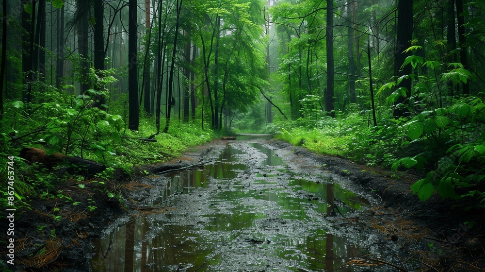 Fototapeta premium Rain-soaked forest trail with puddles.