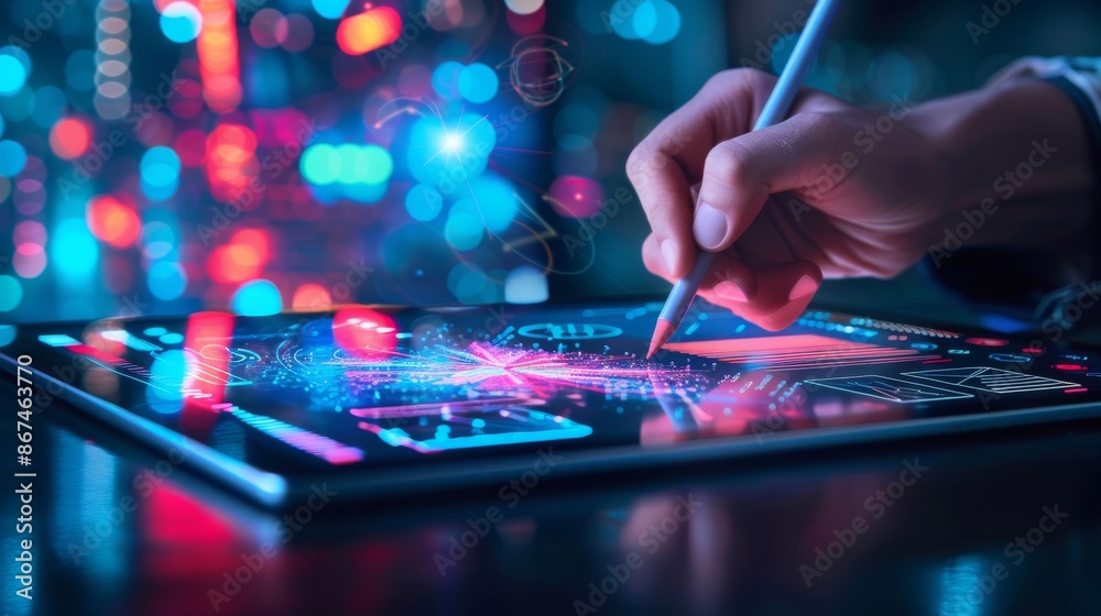 Fototapeta premium Businessman working on tablet with digital data and bokeh lights in the background