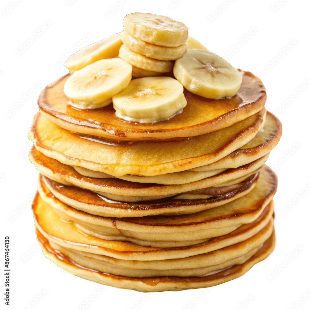 Stack of pancake top on banana slices isolated on transparent background Stack of pancake top on banana slices isolated on transparent background