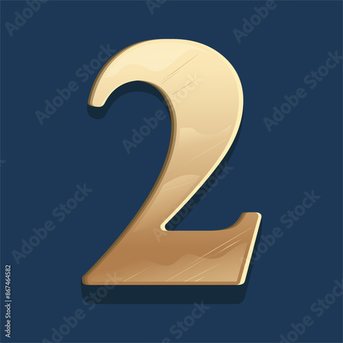 A shiny golden number 2 design on a dark blue plaque. Vector Numeral Plate Illustration, perfect for creative projects and design elements.