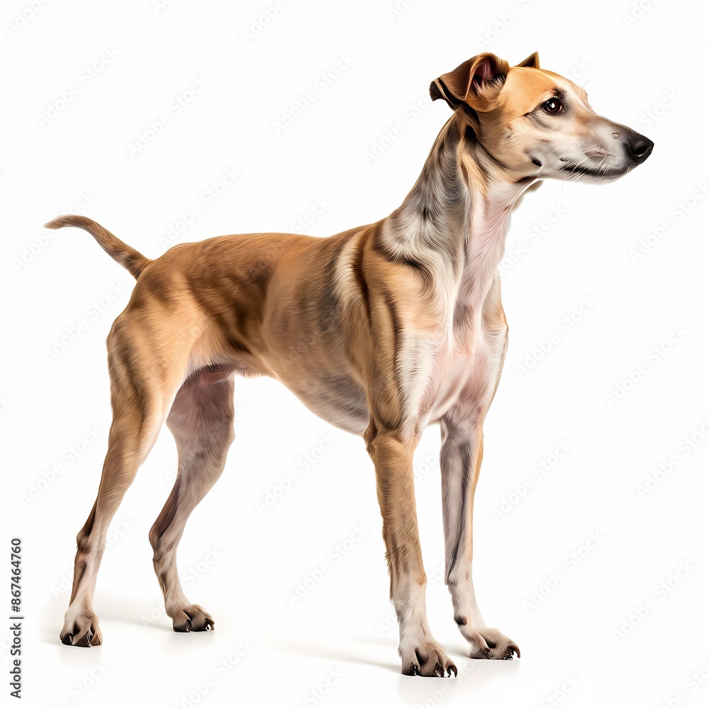 Rampur greyhound dog breed standing against white background, AI generated Rampur greyhound dog breed standing against white background, AI generated