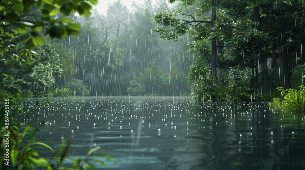 Obraz premium Rain falling on a peaceful forest lake.