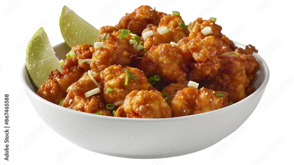 A bowl filled with golden spicy karaage pieces, arranged carefully on a transparent background A bowl filled with golden spicy karaage pieces, arranged carefully on a transparent background