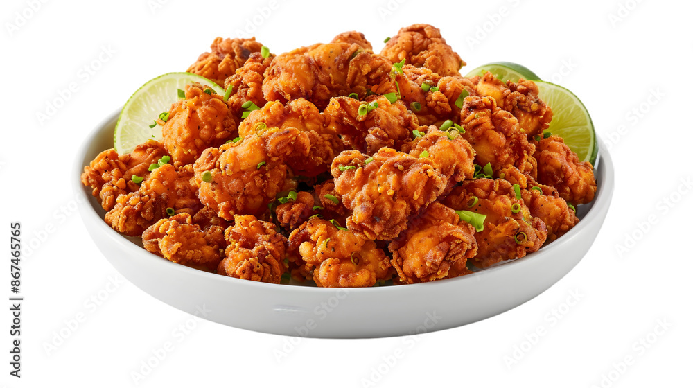 A bowl filled with golden spicy karaage pieces, arranged carefully on a transparent background A bowl filled with golden spicy karaage pieces, arranged carefully on a transparent background