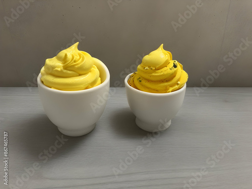 cupcake with cream and sugar food, cake, dessert, yellow, isolated, sweet, cupcake, white, cream, flower, pasta, baked, easter, delicious,Ai generated 
