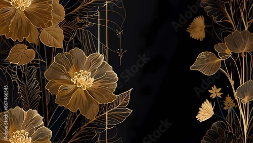 An elegant and luxurious illustration featuring a background with gold flowers made of thin golden lines on a dark background, creating a delicate floral texture. This illustration exudes opulence and