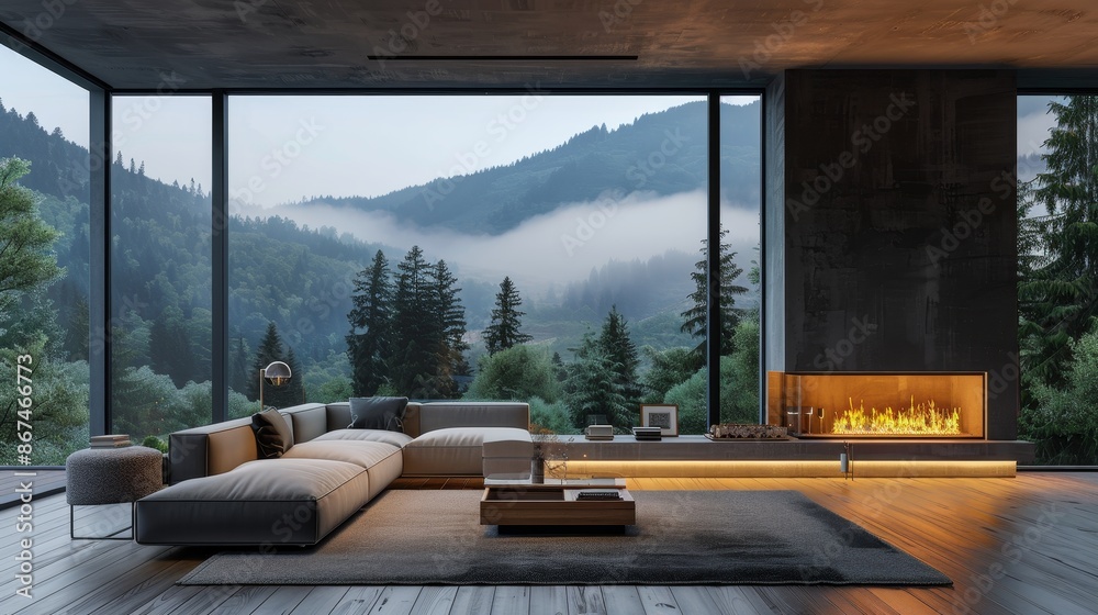Modern interior with fireplace in house near forest Modern interior with fireplace in house near forest