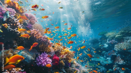 Divers exploring vibrant coral reefs underwater, encountering colorful fish and marine life in clear tropical waters.
