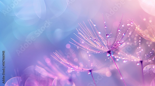 Beautiful dew drops on a dandelion seed macro with a soft light blue and violet background, creating a dreamy and tender artistic image
