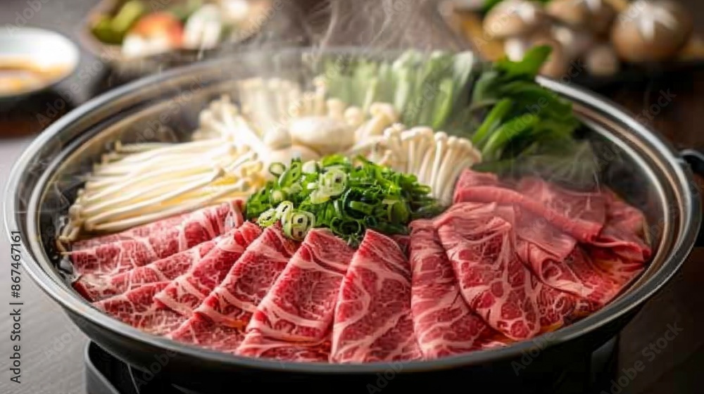 Fresh ingredients including sliced beef, noodles, and greens arranged neatly around a steaming shabu-shabu pot on a dining table. Fresh ingredients including sliced beef, noodles, and greens arranged neatly around a steaming shabu-shabu pot on a dining table.