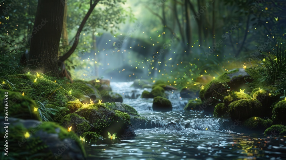 enchanted forest stream bathed in ethereal light mosscovered stones and fairylike fireflies create magical woodland atmosphere enchanted forest stream bathed in ethereal light mosscovered stones and fairylike fireflies create magical woodland atmosphere