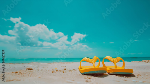 Yellow flip-flops and sunglasses on a sandy beach with a clear blue sky on a bright summer day