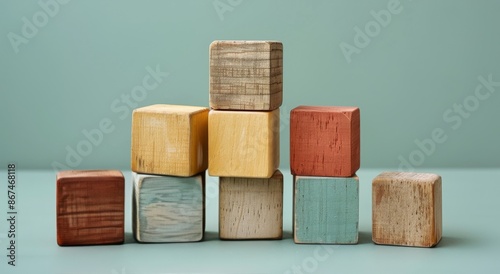 Stacked Wooden Blocks in Various Colors Against a Teal Background