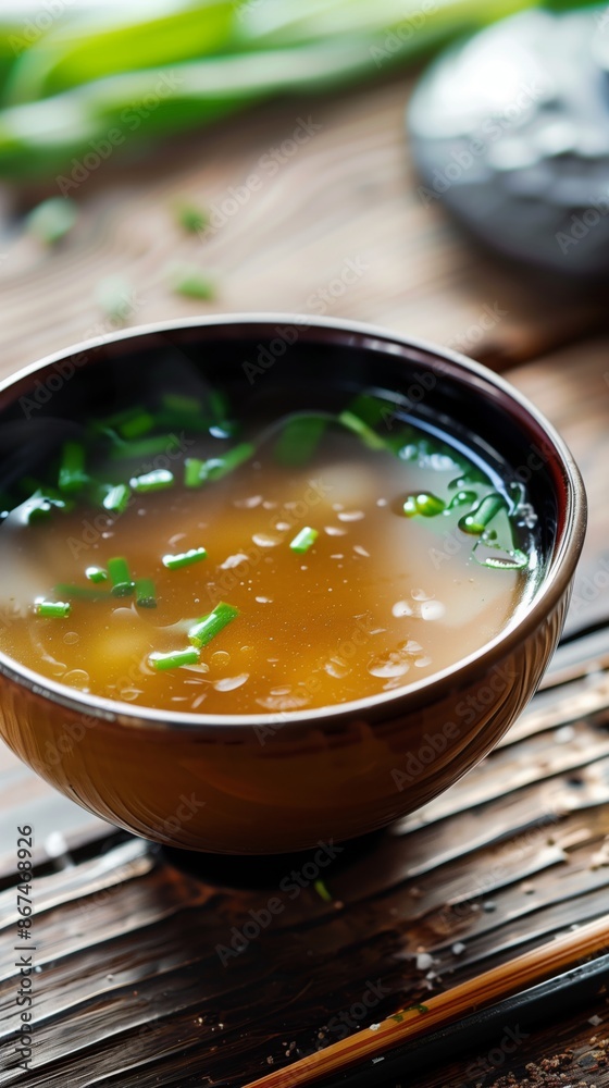 Close-up of miso soup with tofu, green onions, and sesame seeds in golden broth, traditional Asian Close-up of miso soup with tofu, green onions, and sesame seeds in golden broth, traditional Asian