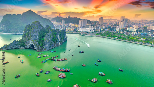 Quadro em tela Aerial view of Ha Long cityscape at twilight period in Northern Vietnam