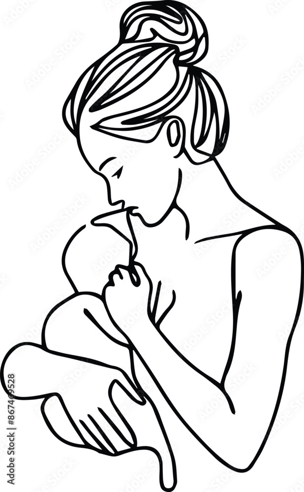 Black single-line drawing a mother breastfeeding Black single-line drawing a mother breastfeeding