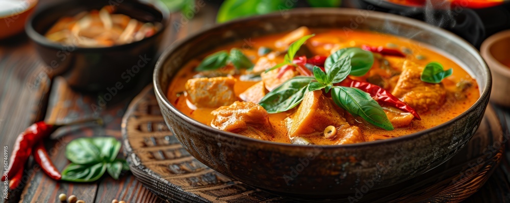 A steaming bowl of aromatic Thai curry, its vibrant flavors and tantalizing aroma promising a culinary adventure. A steaming bowl of aromatic Thai curry, its vibrant flavors and tantalizing aroma promising a culinary adventure.
