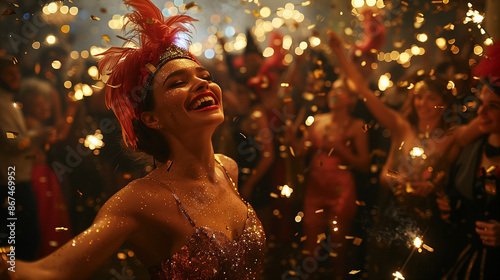 Young smiling happy woman dancing and wearing a beautiful dress and partying in the Mardi Gras or a costume festival with space for text