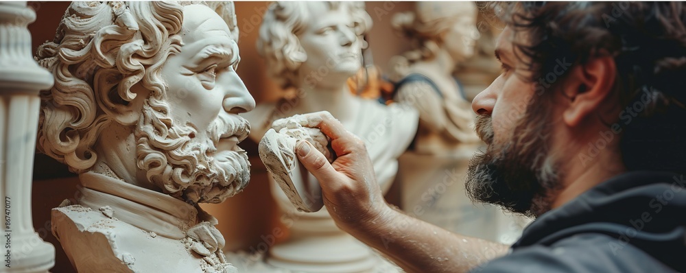 An artist sculpting a lifelike bust of a famous historical figure, capturing their likeness and personality. An artist sculpting a lifelike bust of a famous historical figure, capturing their likeness and personality.