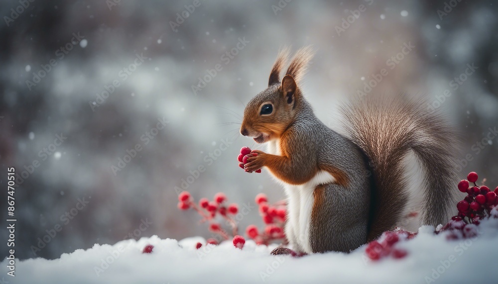 A small squirrel sitting among piles of snow, eating berries off its head with an abundance of snow around it, including red flowers and evergreen trees. A small squirrel sitting among piles of snow, eating berries off its head with an abundance of snow around it, including red flowers and evergreen trees.