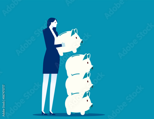 Businesswoman taking a piggy bank and stacking it all on top of each other. Money saving vector concept