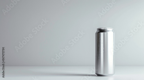 A lone beer can made of aluminum material, with a smooth metallic surface, is captured in a white, empty background.