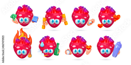 Set of 3D character organ heart. Useful and bad habits for the body. Cartoon funny healthy and sick heart. Medicine and cardiology. Vector illustration