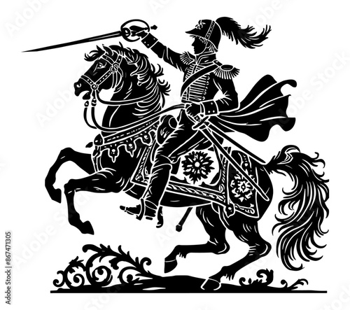 Intricate black and white illustration of a medieval knight on a rearing horse, wielding a sword, highlighting historical and heroic themes in a detailed and dramatic design.